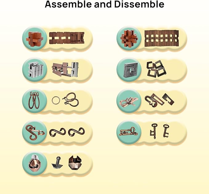 9pcs Puzzles Bulk Gift for Kids, Teens, and Adults Retro Wooden and Metal Unlock Interlock Brain Teaser Toys.