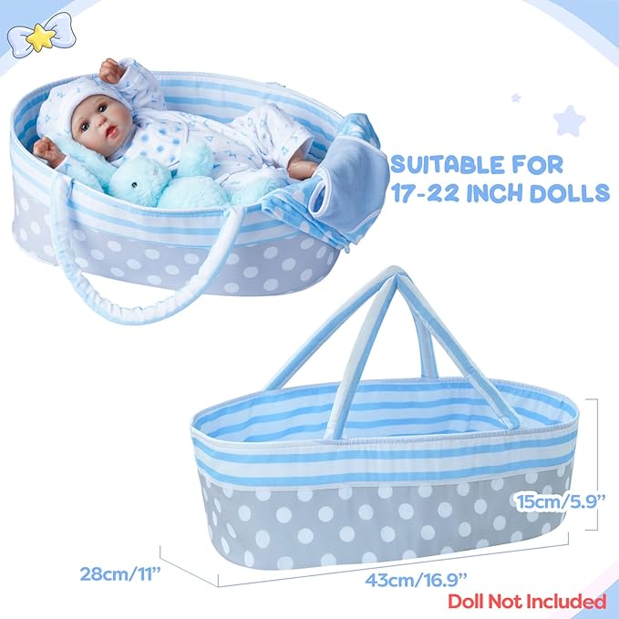 BABESIDE 8 Pcs Reborn Baby Doll Accessories with Bassinet for 17-22 Inch Baby Dolls, Babies Doll Clothes Outfit Accessories fit Reborn Doll Newborn Boy (Not Doll)