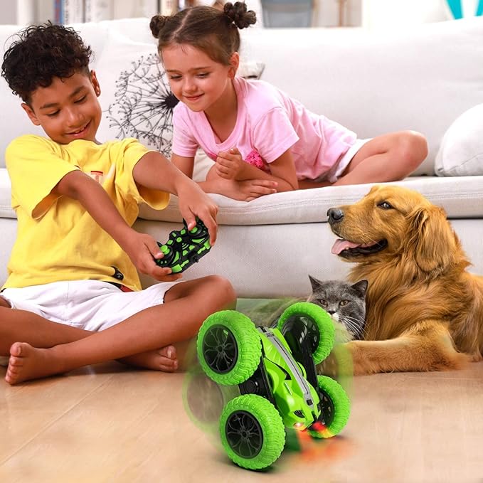 RC Car, 4 Wheel Drive Stunt Car Toy for Kids, Hobby RC Crawlers, Double Sided Rotating 360°Remote Control Car, Dual-Color Headlights Blue/Red/Green, (K-02)