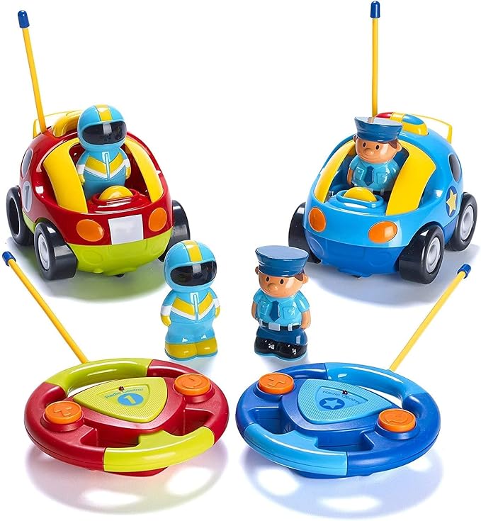 PREXTEX Cartoon Remote Control Car - 2-Pack Police and Race Car Toddler Toys - RC Cars for Kids with Different Frequencies - Easy Remote Control Toy and Thoughtful Gifts for Boys and Girls