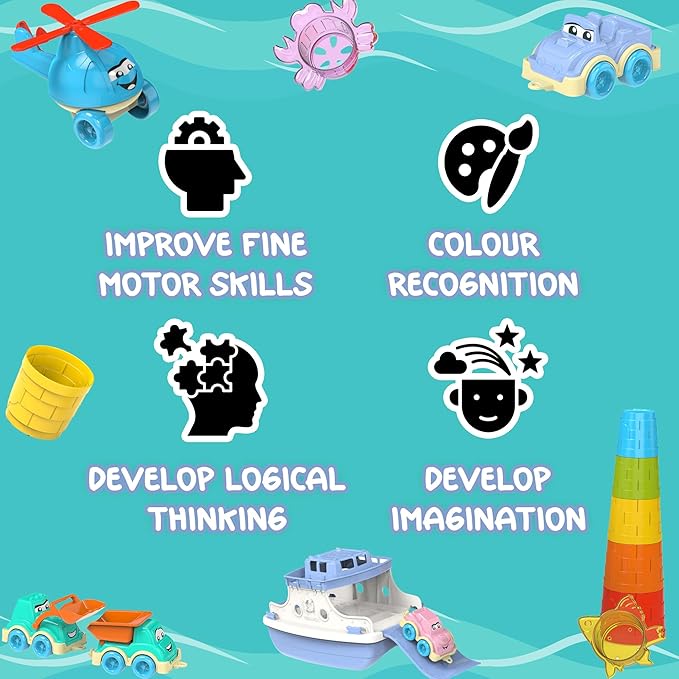 Ferry Boat Bath Toys Set for Kids 15 Pcs | Includes Ferry, Cars, Trucks, Helicopter, Stacking Cups & Toy Animals for Baby Boys & Girls | Water Bathtub Indoor Games for Toddlers | Kids Ages 1+