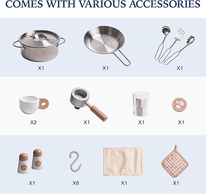 ROBOTIME Wooden Play Kitchen for Toddlers and Kids, Toy Kitchen Set with Ice Maker and Coffee Machine, Realistic Toddler Kitchen Set, Gift for Girls Boys Ages 3+