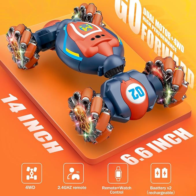 Rc Car Boys Toys 6-8 Years Old,Cool Birthday Gifts for Boys Ages 8-13 4WD Gesture Sensing Rc Stunt Car for Ages 5 7 9 10 Years Old Kids with Light and Music,Large-Orange