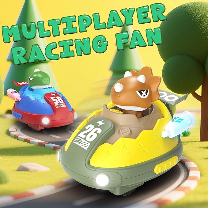 2 Pack Remote Control Car, RC Bumper Cars Toys for Toddlers with LED Light and Music, Dinosaur Figures Bump and Eject Toys RC Race Cars for Kids Boys Girls Gift