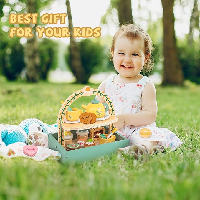 Wooden Tea Party Set for Little Girls,Kids Tea Set with Cookies & Cake Stand, Play Kitchen Accessories Wooden Pretend Play Food Toys for Girl Boy Birthday Gift