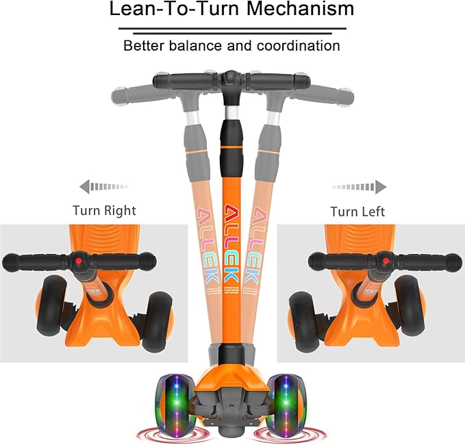 Allek Kick Scooter B03, Lean 'N Glide 3-Wheeled Push Scooter with Extra Wide PU Light-Up Wheels, Any Height Adjustable Handlebar and Strong Thick Deck for Children from 3-12yrs (Orange)