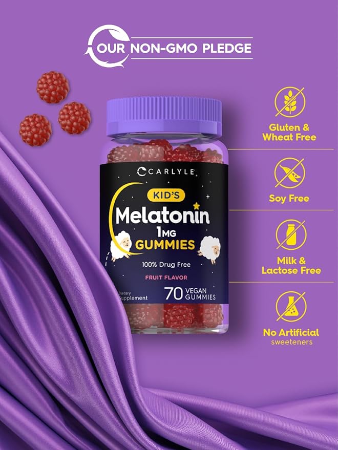 Carlyle Kids Melatonin Gummies | 1 mg 70 Count | Fruit Flavor Gummy | Vegan, Non-GMO, Gluten Free