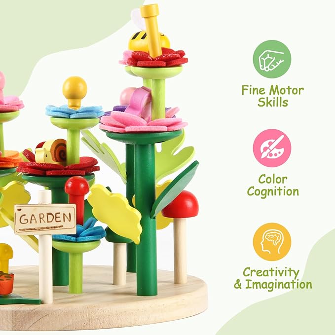 Wooden Flower Garden Building Toys for Kids, STEM Educational Activity Preschool Kit Gift for Boys Girls Age 3 4 5 6 7 Years Old, Stacking Game for Toddlers Build a Bouquet Spring Gifts