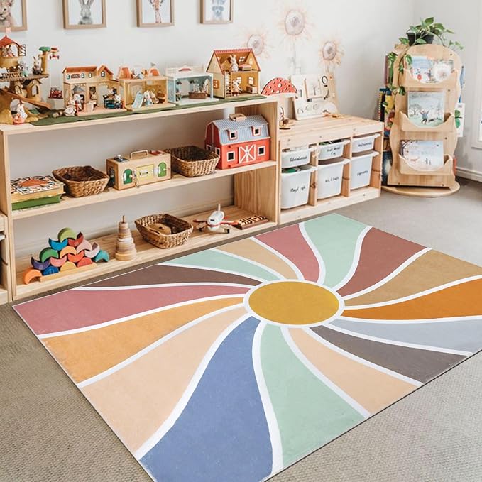 Topotdor Sun Rainbow Nursery Rugs,Colorful Boho Kids Rug Ultra Soft Washable Non Slip Area Rug for Bedroom Perschool Classroom,47"x70"