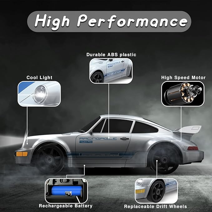 RC Drift Car, 2.4GHz Remote Control Car with LED Light, 1/24 4WD High Speed Drifting RC Cars with Two Rechargeable Batteries and Drift Tires, Toy Cars for Kids Adults, Silver
