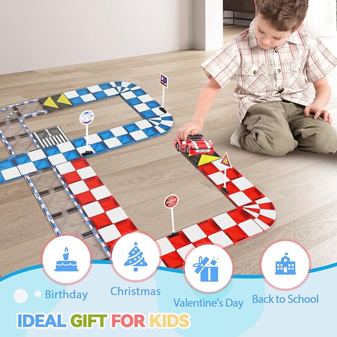 Magnetic Tiles Road Set, Magnetic Blocks Building Toys for 3+ Year Old Boys Girls, Magnet Construction Toys Preschool Educational Kids Magnet Tiles for Toddlers 3-5 4-8 (Magnetic Tiles Racing Track)