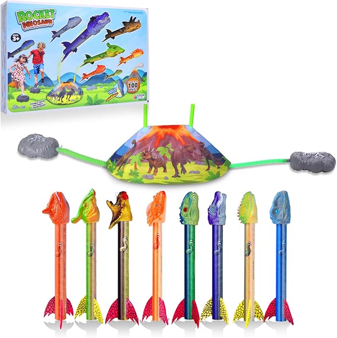 Dinosaur Rocket Launcher for Kids - Launch Up to 100 Ft, 8 Rockets and 2 Pads for Multi-Player, Dinosaur Toys, Birthday Gift Ideas, Toys for 3 4 5 6 7 Year Old Boys, Outdoor Outside Toys