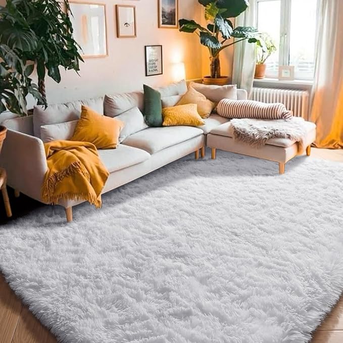 PAGISOFE Fluffy Shaggy Area Rug 5x8, Plush Rugs for Living Room, Fuzzy Rug for Nursery, Furry Rugs for Girls Boys Bedroom, Shag Carpet for Dorm Room, Soft Rug for Kids Playroom Decor,Office White