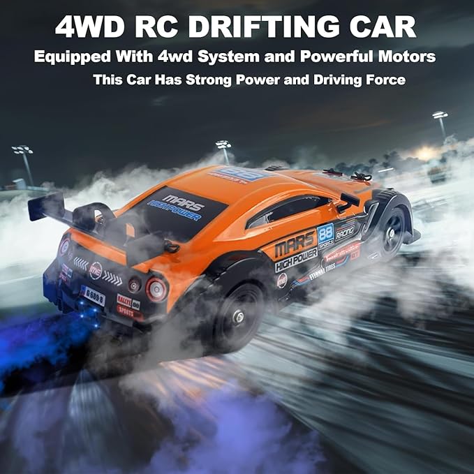 YUZ RC Car RC Drift Car 1/16 Scale 2.4GHz 4WD 18KM/H High Speed Remote Control Car with LED Lights Spray Racing Toy Car for Adults Boys Girls Kids Gift Rechargeable Batterie Drifting Tires