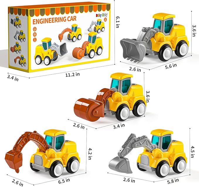 Construction Vehicle Trucks Toys for Toddlers 3-5, 4 PCS Car Trucks for Toddlers Boys Girls with Flexible Joints, Kids Toddlers Toys for 3 4 5 6 Years Old Boys Girls Birthday Gifts