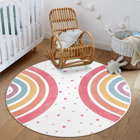STARUIA Round Rainbow Rug for Girls Bedroom, 4 Ft Washable Kids Rug for Baby Nursery, Non-Slip Circle Area Rug Colorful Princess Carpet for Teen Dorm Playroom Tent