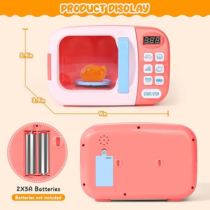 Microwave Kitchen Play Set with Light Sound for Kids with Pretend Fake Food and 6 Color DIY Play-Dough Clay Great for Toddlers 3 and Older Grils and Boys (Pink)