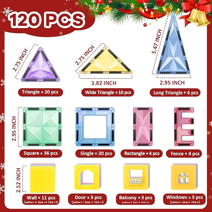 ROMDS Magnetic Tiles, Magnetic Building Blocks for Kids Ages 3+ and STEM Magnet Toys, Clear Magnet 3D Blocks Construction Playboards for Boys & Girls, Sensory Play for Preschool Learning(120 pcs)