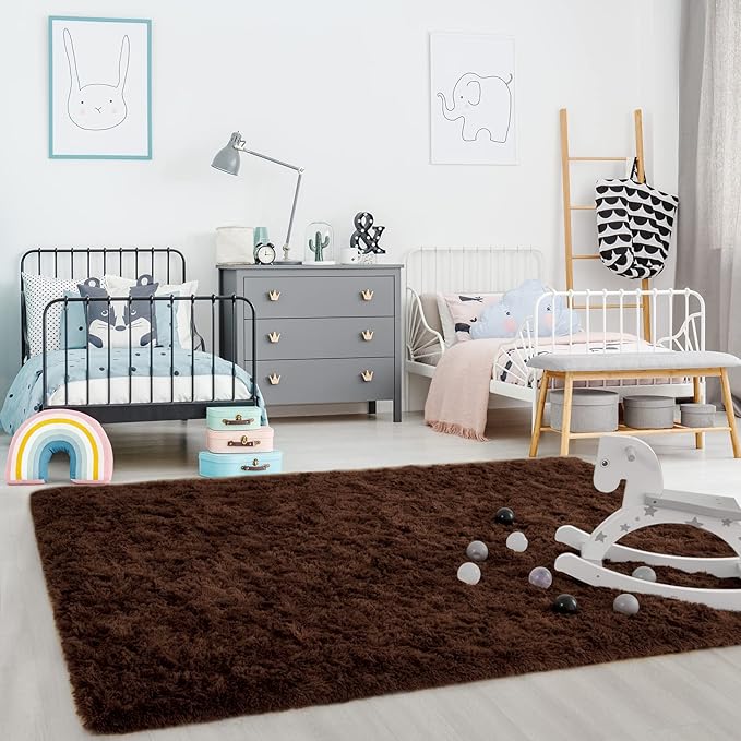 Ompaa Fluffy Area Rugs, Super Soft Shaggy Rug Fuzzy Long Fur Carpets for Bedroom Living Room Decor, 4 x 6 Feet Brown