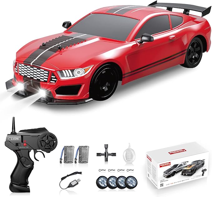 RC Drift Car 2.4GHz 1:16 Scale 4WD High Speed Remote Control Cars Vehicle with LED Lights Two Batteries and Drifting Tires Racing Sport Toy Cars for Adults Boys Girls Kids
