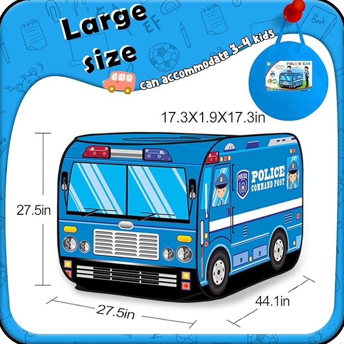 Pop up Play Tent for Kids Aged 1-3 Years Old Boys and Girls : Police Car Playhouse Toy Play Tents for Toddlers 3-5 Kids Tent Indoor Outdoor Playhouse Toys for 1 + Year Old, Police Car