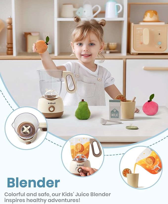 ROBUD Pretend Play Kitchen Appliances, Kids Play Kitchen Toy Food Set with Egg Steamer, Mixer, Toaster, and Blender with Realistic Sounds, Play Kitchen Accessories forToddlers (4-Set)