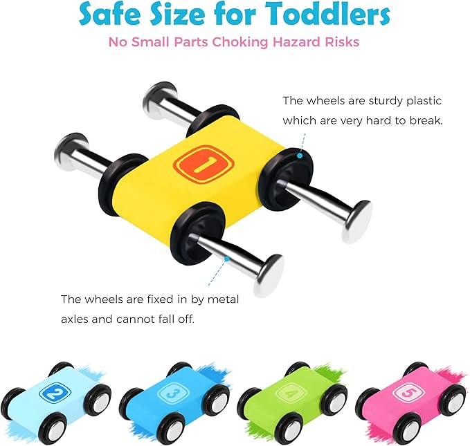 Montessori Toy for 1-3 Years Old Boys and Girls, Kid Race Track Car for Toddlers with 5 Mini Cars & 5 Ramps, Wooden Montessori Car Ramp Toy Set for Babies' Birthday Gifts, Visit Gifts