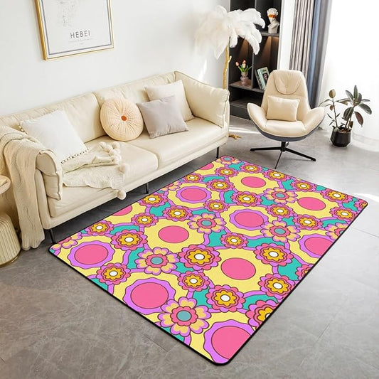 Erosebridal Girls Pink Psychedelic Flower Decorative Rug Groovy Floral Area Rug 4x5,Hippie Aesthetic Geometric Abstract Vintage Botanical Gold Teal Non Slip Accent Rug Set for Bedside