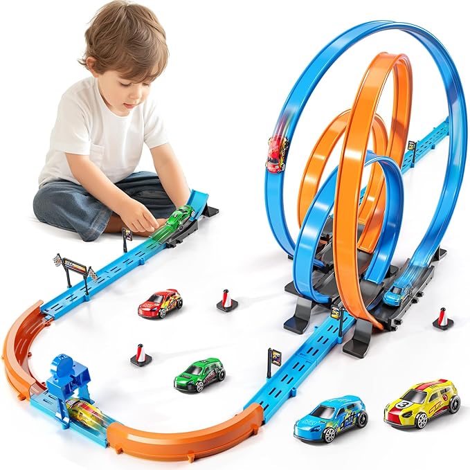 Car Race Track Sets for Kids 3 4 5 6 7 8 9 Years Old - Toy Car Track Set for Boys 3-5 6-8 8-12, Racing Game with 4 Small Cars, Boys Toy, Gifts for Boys Girls 3-8