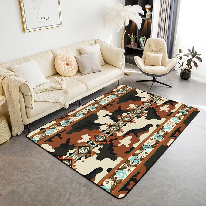 Black Brown Camouflage Area Rug 5x7, Ethnic Tribe Arrow Aztec Rug, African Tribal Camo Printed Non Slip Decorative Rug, Indian Tribal Geometry Exotic Nordic Style Bohemian Carpet for Bedside