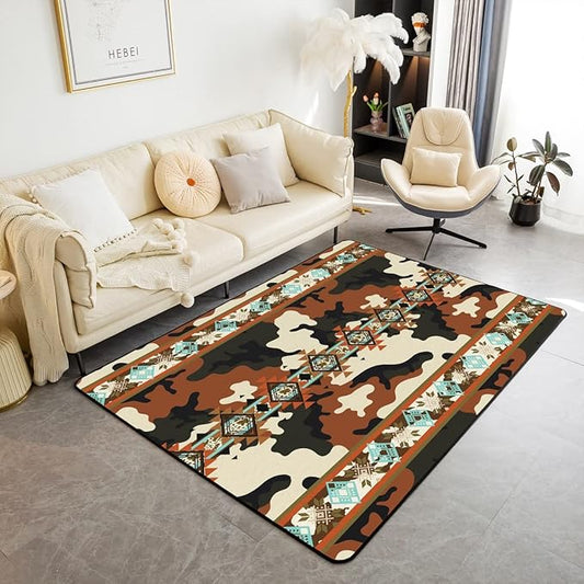 Black Brown Camouflage Area Rug 5x7, Ethnic Tribe Arrow Aztec Rug, African Tribal Camo Printed Non Slip Decorative Rug, Indian Tribal Geometry Exotic Nordic Style Bohemian Carpet for Bedside