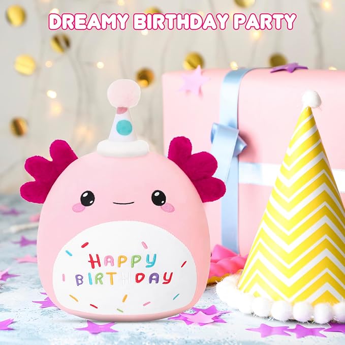 SQEQE Axolotl Stuffed Animal Toy Happy Birthday Axolotl Plush Cute Pink Birthday Plushies Doll Home Decor for Kids Girls Boys 10 Inch