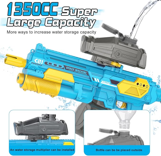 Electric Water Gun with 1350CC Large Capacity, 32FT Long Range Auto Suction Water Guns for Adults, Squirt Gun Water Blasters for Kids Adults Beach Pool Outdoor Party Water Toys Gift Blue