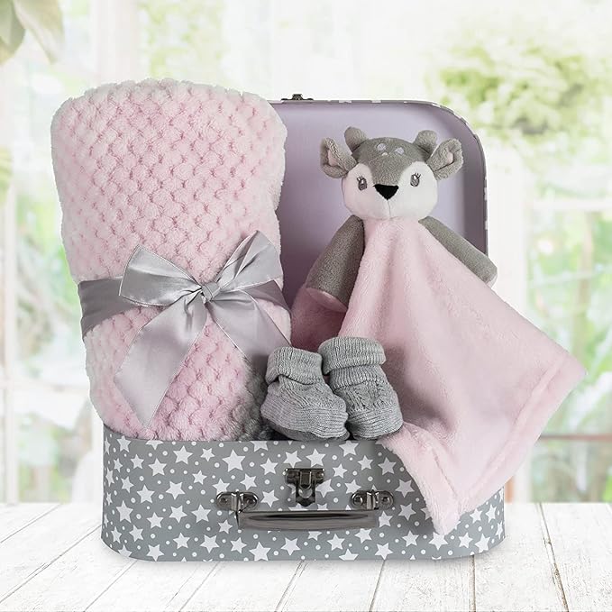 Baby Girl Gift Set New Born Baby Gift Baby Deer Fawn Security Blanket Soft Fleece, Suitcase Keepsake Box Blanket Booties & Baby Gift Basket – Unique Present for Baby Shower & Newborn Lovey