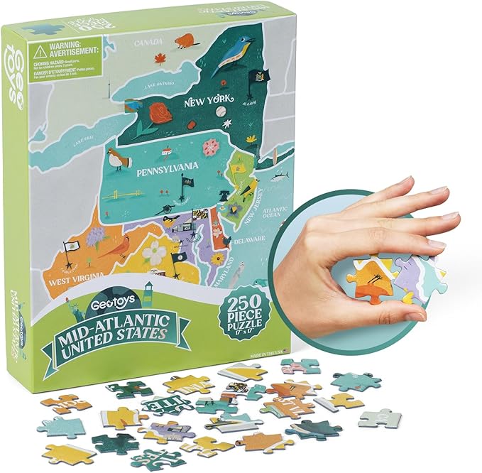 Geotoys Mid-Atlantic Region Jigsaw Puzzle - 250 Piece Puzzle for Kids - Jigsaw Puzzles for Kids Ages 8-12 Years Old - Geography Puzzles with Colorful Landmarks, United States Flag and More