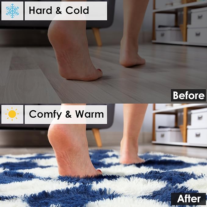 KICMOR Living Room Rug 5x7 Checkered Fluffy Area Rug, Navy Blue and Cream White Fuzzy Shag Shaggy Bedroom Carpets, Soft Plush Indoor Floor Rug for Kids Boys Girls Room Nursery Playroom Home Decor