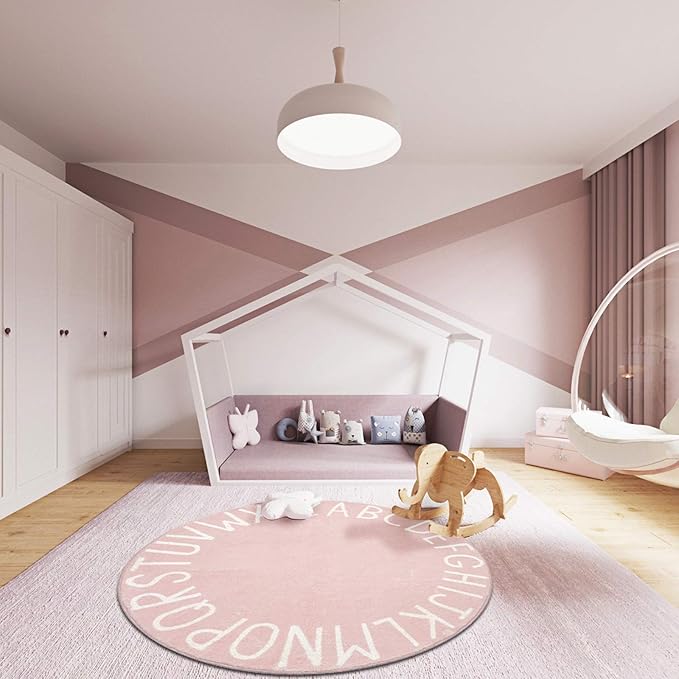 Topotdor Round Kids Play Rug Alphabet Nursery Area Rug Extra Large Soft Crawling Play Mat for Children Toddlers Bedroom (40 inch, Pink)