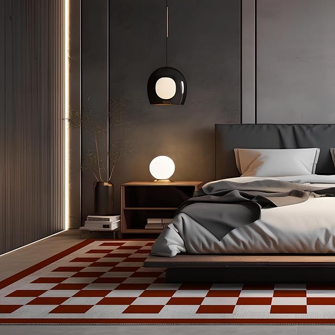 Washable 4x6 Checkered Area Rug for Living Room, Dark Red Checkerboard Modern Boho Large Rugs, Ultra Thin Low Pile Lightweight Indoor Carpet with Non-Slip Backing for Bedroom Kids Nursery Play Room