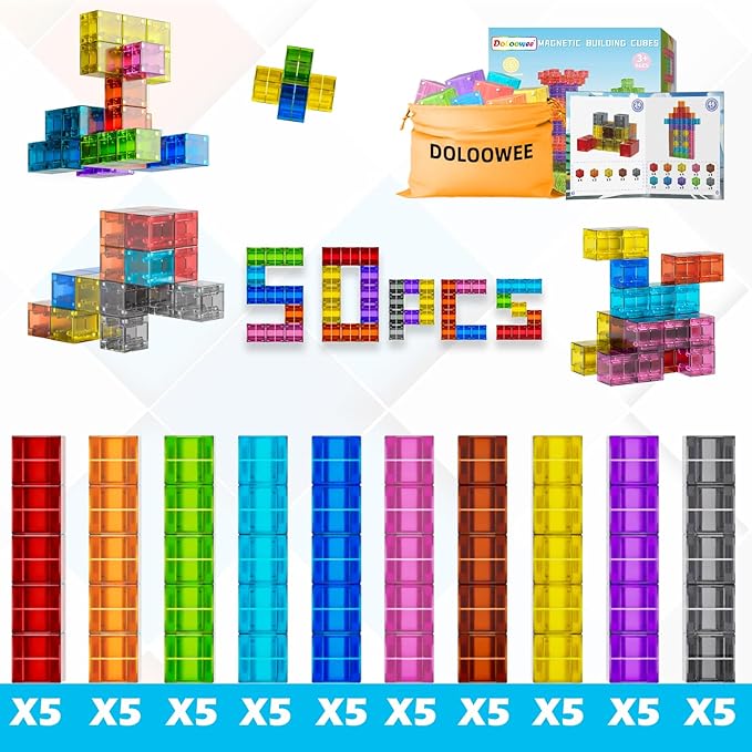 Doloowee 50 PCS Magnetic Blocks, Magnetic Building Blocks for Toddlers 3+, Montessori Toys