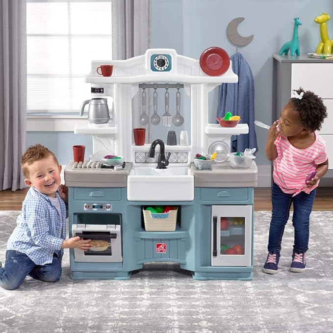 Step2 Timeless Trends Kids Kitchen Playset, Indoor/Outdoor Kitchenette, Interactive Play with Lights and Sounds, Made of Durable Plastic, Includes 21 Piece Toy Accessories, for Toddlers 2+ Years Old
