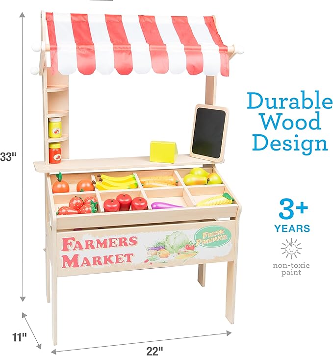Wooden Farmers Market Stand Toy- 30+ Food PCs Include Fruit Veggies Chalkboard & Cash Register- Pretend Role Play, Fun Indoor Natural Wood Grocery Set- Playroom Daycare Activity Center- Kids Gift