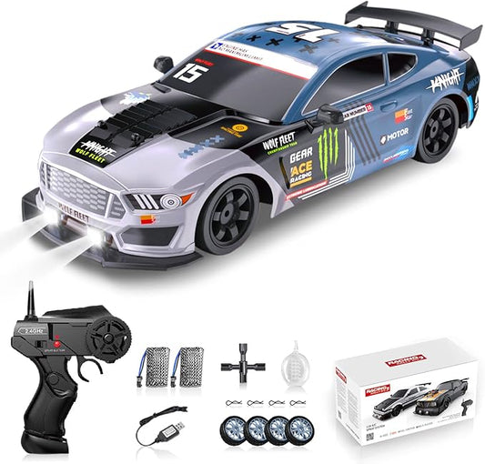 RC Drift Car 2.4GHz 1:16 Scale 4WD High Speed Remote Control Cars Vehicle with LED Lights Two Batteries and Drifting Tires Racing Sport Toy Cars for Adults Boys Girls Kids