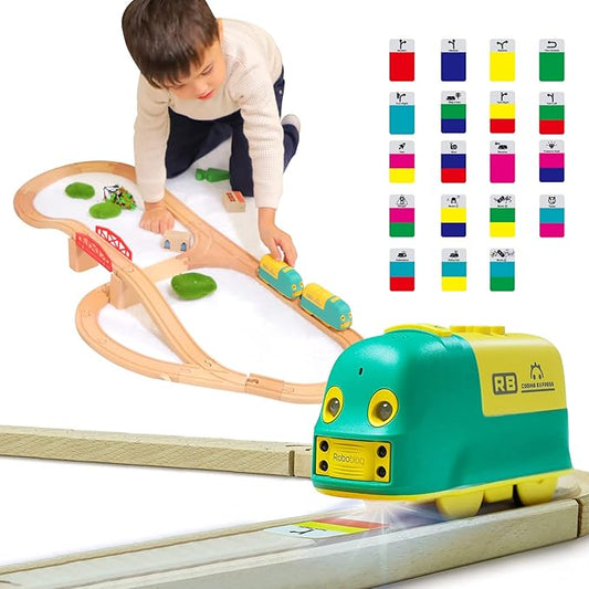 Wooden Train Set, 25 PCS Wooden Tracks, 22 Functions Lights/Music, 3 Game Modes, Preschool Educational Toys Gifts for Kids Age 3-7, Fit Thomas The Train, Brio, Melissa & Doug