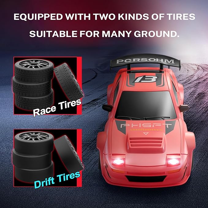ACAMMZAR RC Drift Car, 1:24 Remote Control Car for Kids, 20KM/H 4WD High Speed RC Cars with LED Lights, Two Batteries, Extra Drifting Tires, Vehicle for Adults Boys Girls