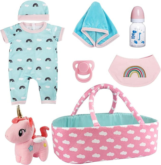 BABESIDE 8 Pcs Reborn Baby Doll Accessories with Bassinet for 17-22 Inch Baby Dolls, Babies Doll Clothes Outfit Accessories fit Reborn Doll Newborn Boy