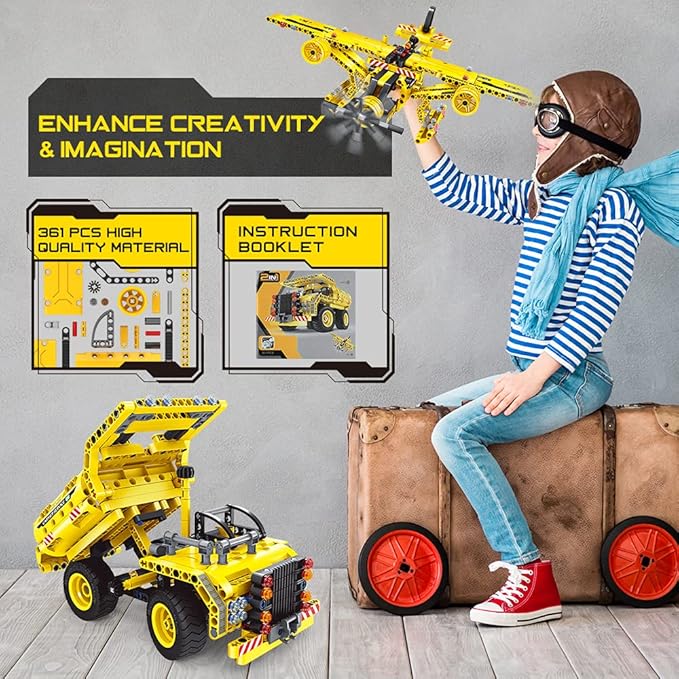 STEM / Building Toy for Ages 5, 6, 7, 8, 9, 10, 11, 12 Years Old Kid, Boy, Girl - 2-in-1 Truck Airplane Take Apart Toy, 361 Pcs DIY Building Kit, Learning Engineering Construction Toy, Ideal Gift