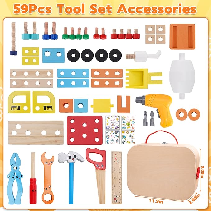 59Pcs Kids Tool Set Toy for Boys - Montessori STEM Wooden Play Tool Box Kit with Electric Drill with 2 Types Bits - Educational Christmas Birthday Gifts for Boys Toddlers Kids Age 3 4 5 6 Years Old