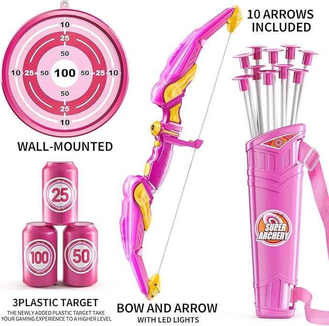 TEMI Bow and Arrow Set for Kids - Archery Toy Set - LED Light Up with Suction Cup Arrows, Target & Quiver, Indoor and Outdoor Toys for Children Boys Girls