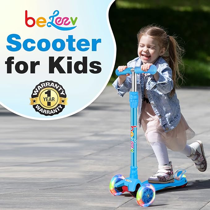 BELEEV A2 Scooters for Kids 3 Wheel Kick Scooter for Toddlers Girls Boys, 4 Adjustable Height, Lean to Steer, Light up Wheels, Extra-Wide Board, Easy to Assemble for Children Gift Sport Toys Ages 3-12