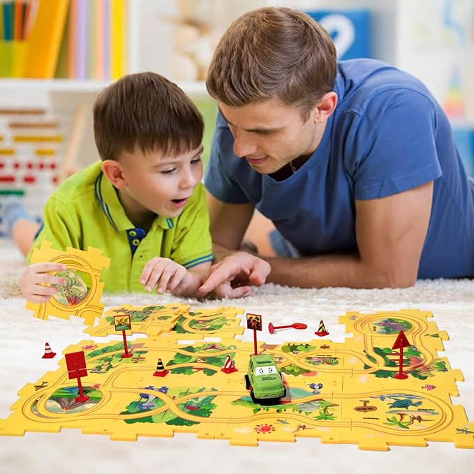 Plastic Floor Puzzles for Kids Ages 3-5, Puzzle Track Car Play Set, Educational Montessori Toys for 3 4 5 6 Year Old Boys, 3 4 5 6 Year Old Boy Birthday Gift, Boy Toys Age 3
